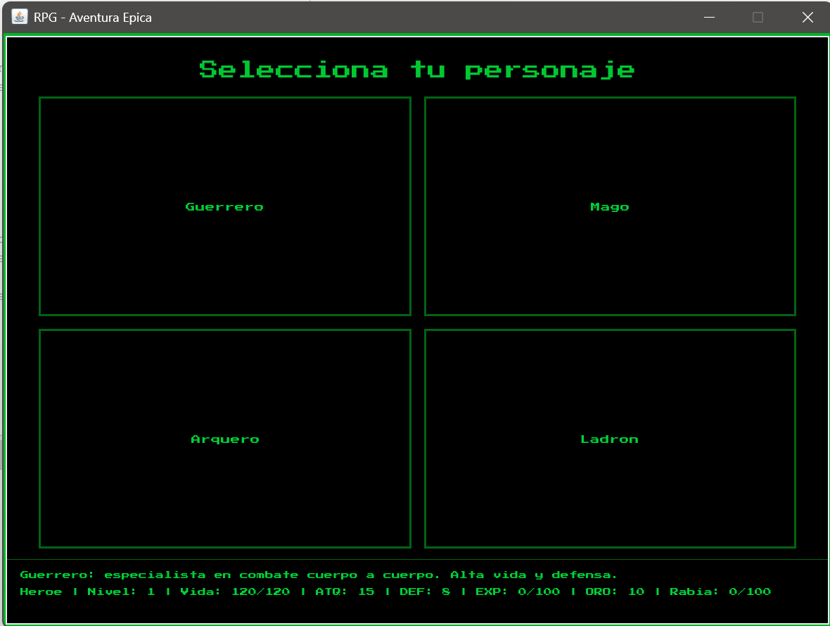 Pantalla de selección de personaje con las cuatro clases